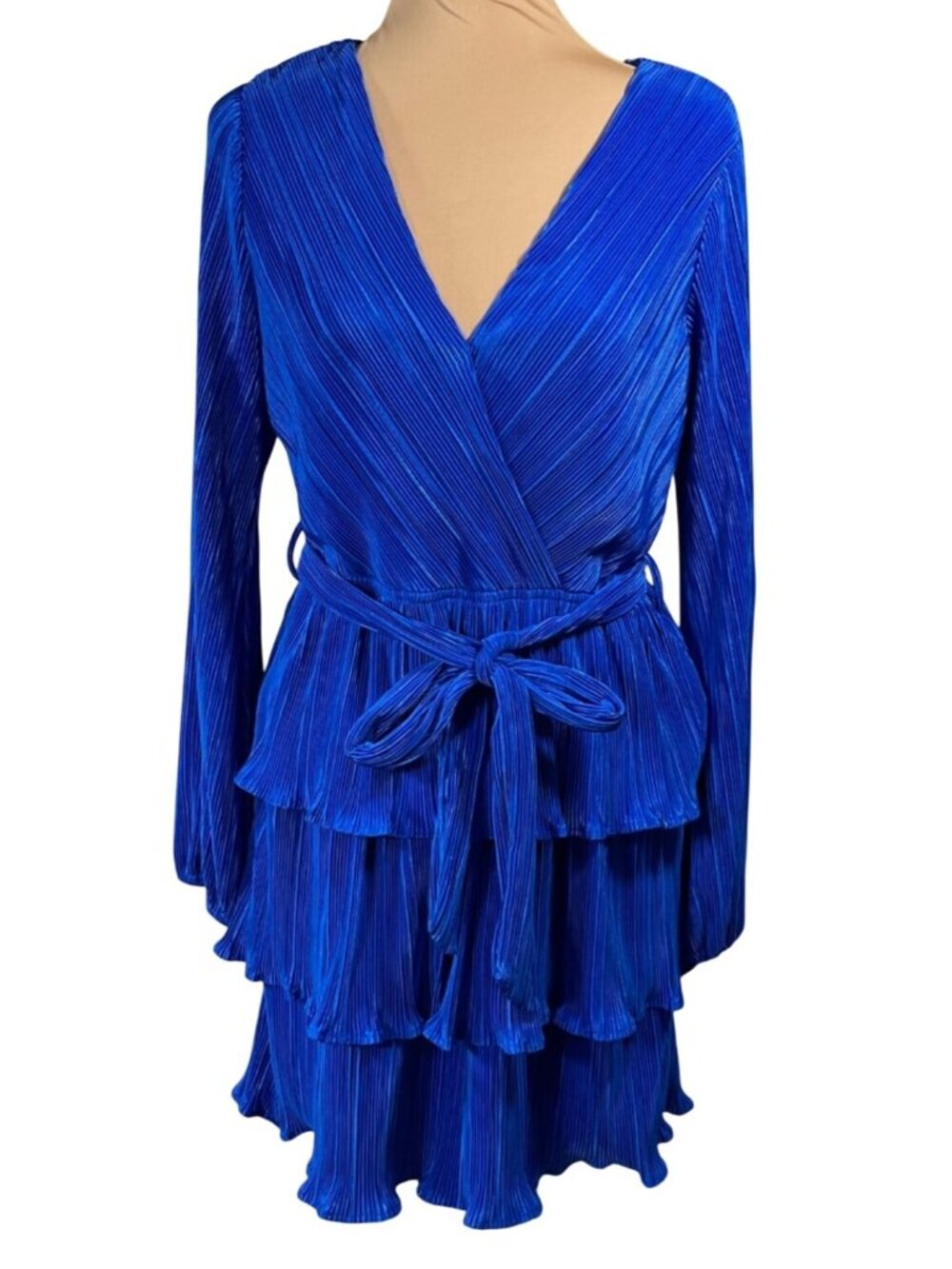 She + Sky Mini Dress Tiered Blue Ribbed M Medium NWOT V-Neck Long Sleeve